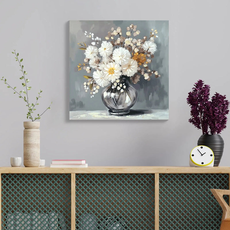 Chrysanthemum Vase Canvas Wall Art Decor Country - Stone White by Unique Piece Furniture