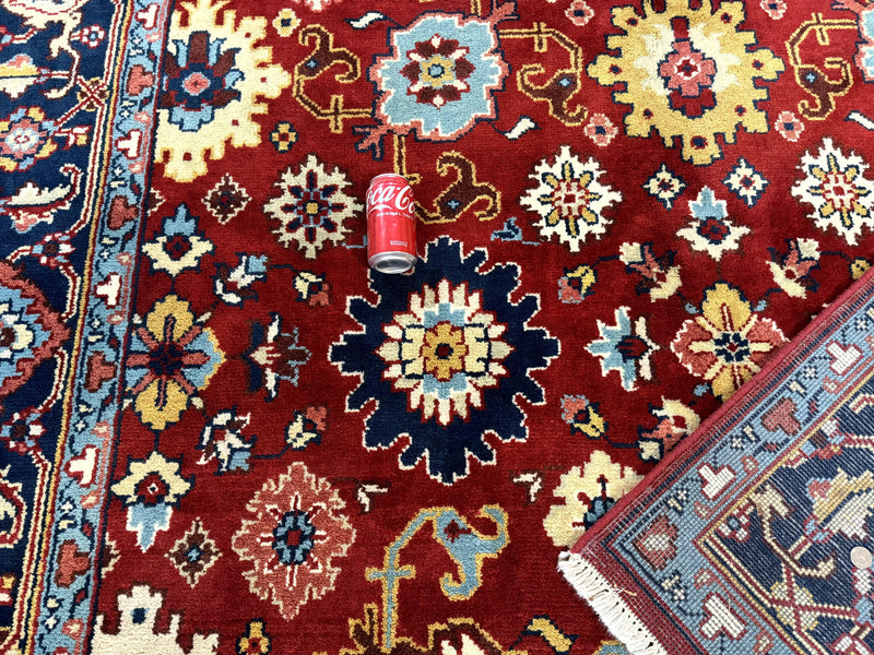 Indo Heriz Rug 8x10, Red and Navy Blue, Allover Pattern, Wool Handmade Carpet by Jewel Rugs