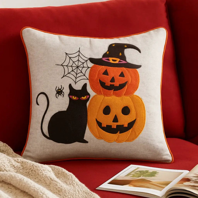 Embroidered Halloween Cat & Pumpkin Throw Pillow by HouseOfZazla