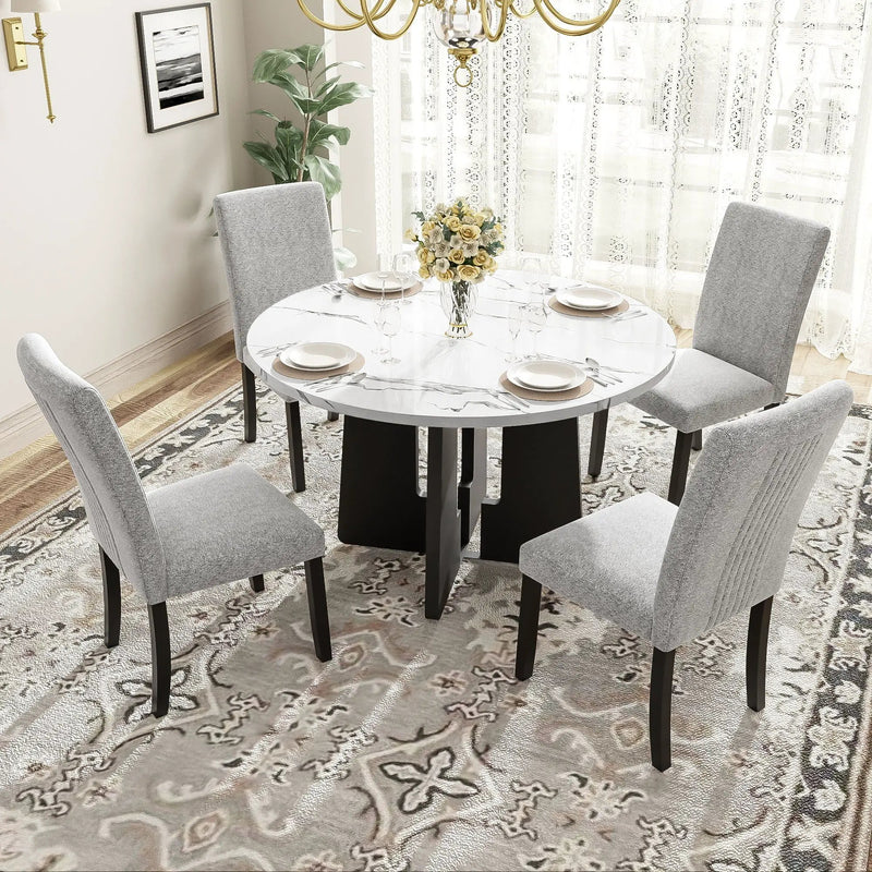 5 Piece Round Dining Table Set, Dining Table And 4 Upholstered Chairs For Dining Room, Kitchen Room, Living Room - White / Gray by Unique Piece Furniture