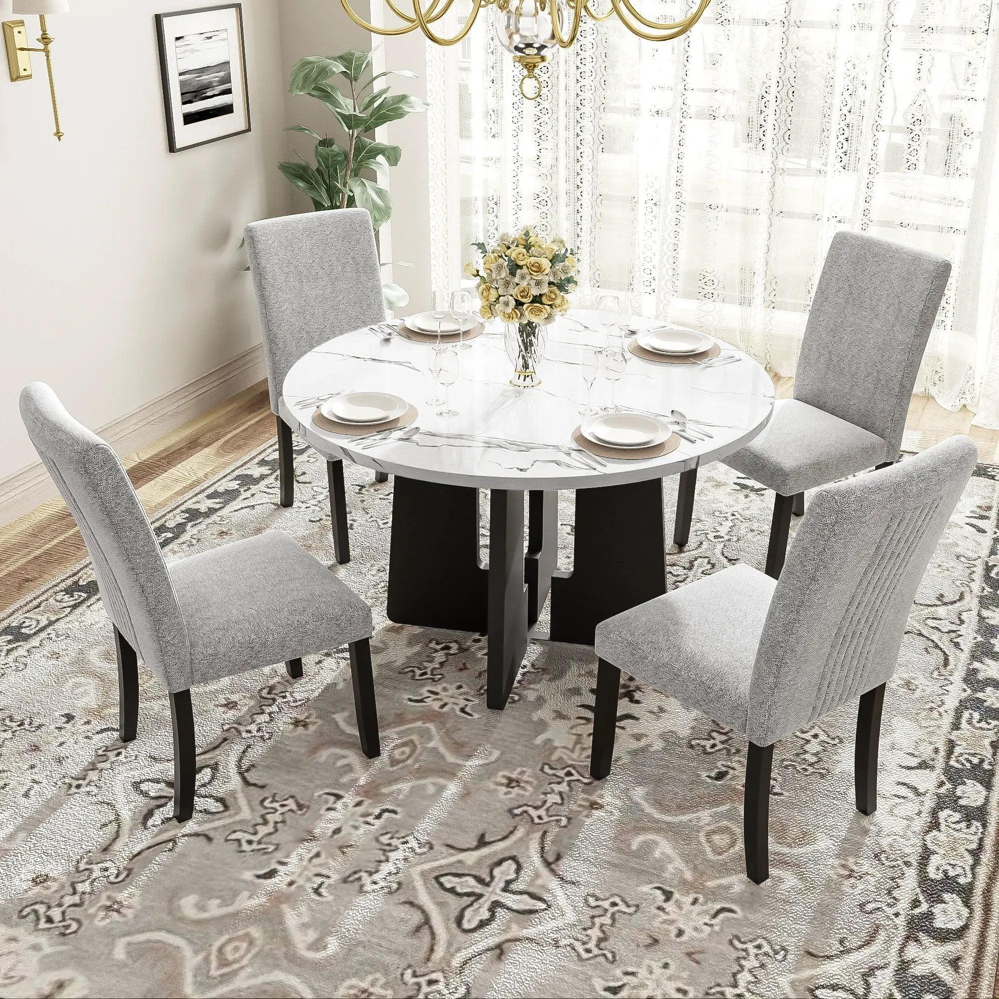 5 Piece Round Dining Table Set, Dining Table And 4 Upholstered Chairs For Dining Room, Kitchen Room, Living Room - White / Gray by HouseOfZazla