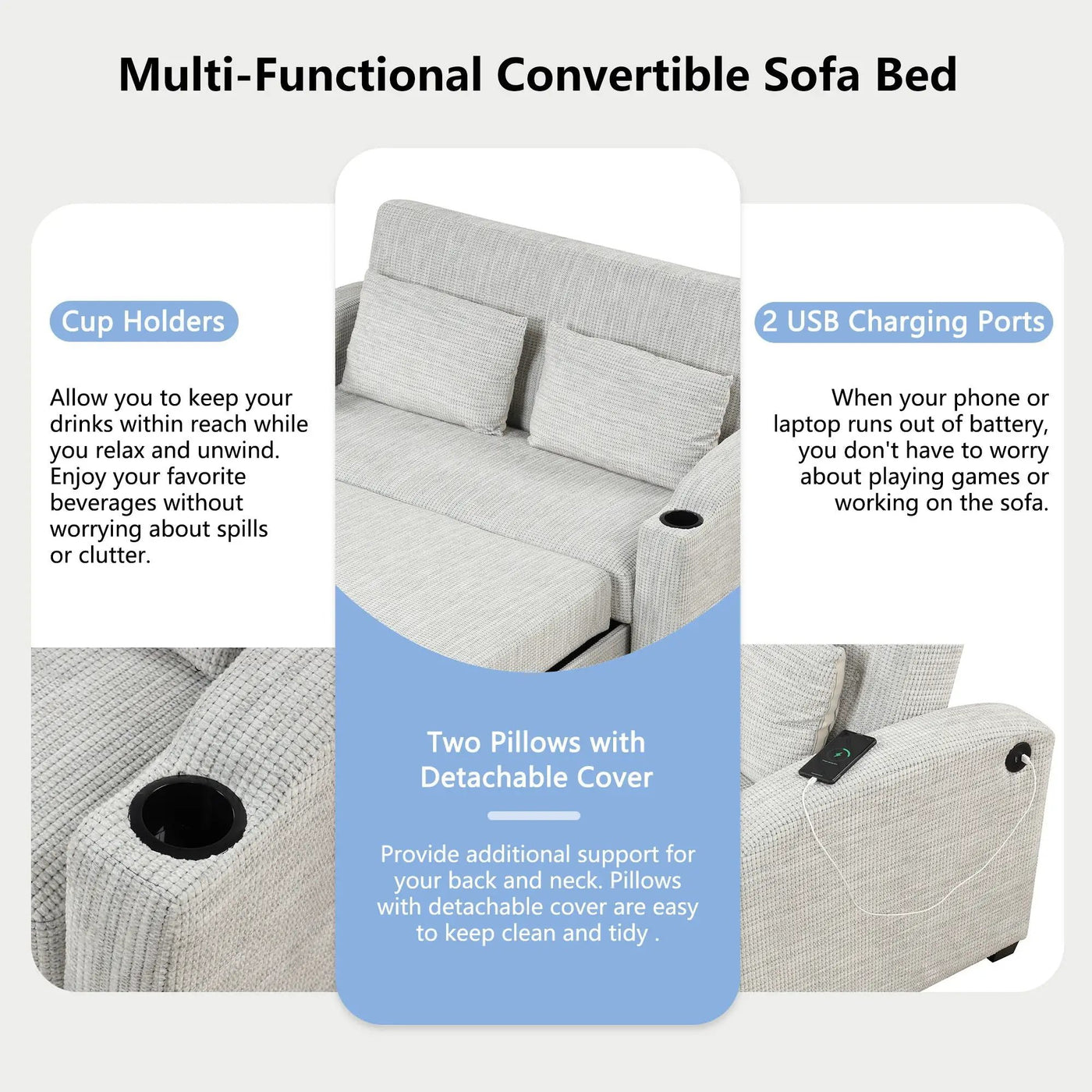 Pull Out Loveseat Sofa With Adjsutable Backrest, 2 Pillows, Cup Holders, USB Ports For Living Room by Unique Piece Furniture