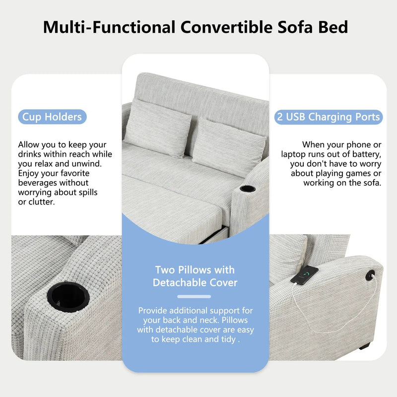 Pull Out Loveseat Sofa With Adjsutable Backrest, 2 Pillows, Cup Holders, USB Ports For Living Room by HouseOfZazla