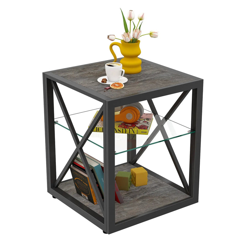 Modern End Table Nightstand with Tempered Glass & Wood Grain MDF by HouseOfZazla