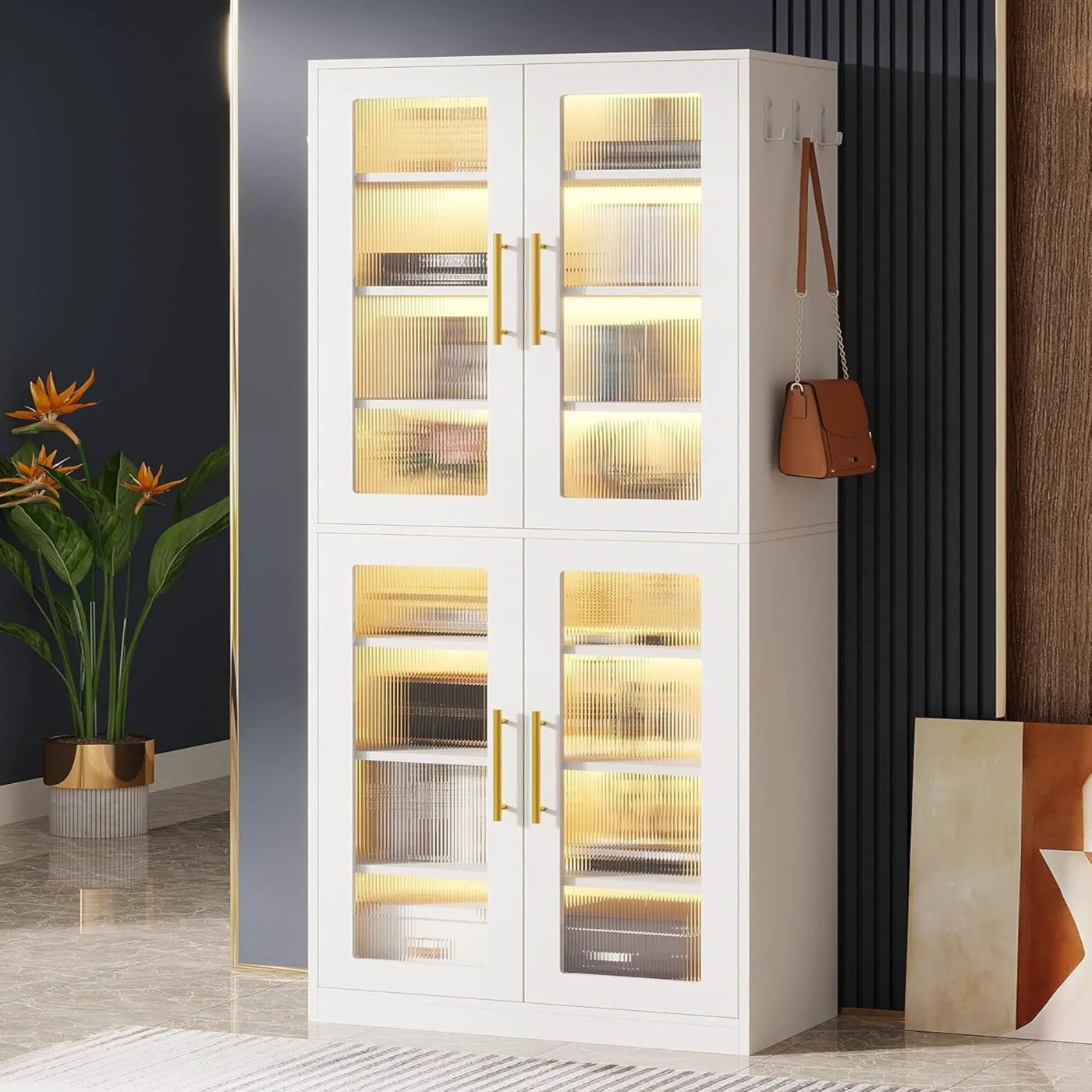 Bookcase With Doors And LED Lighting, 8 Adjustable Shelves Storage Cabinet by HouseOfZazla