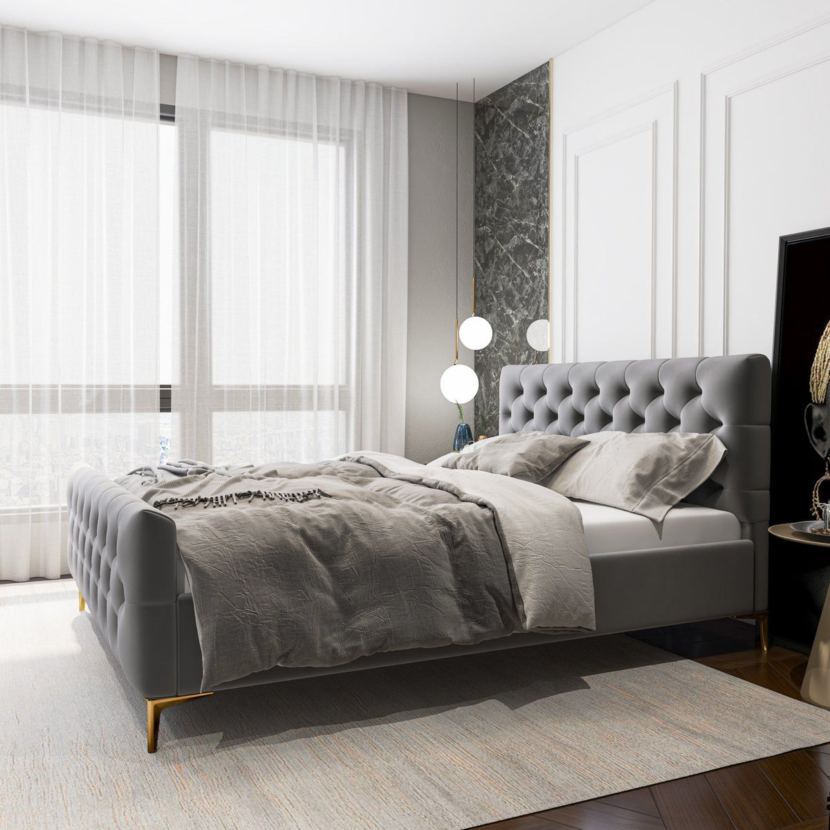 Elegant Design Upholstered Bed with Solid Wood Frame - Dark Gray, photo 12 of 12