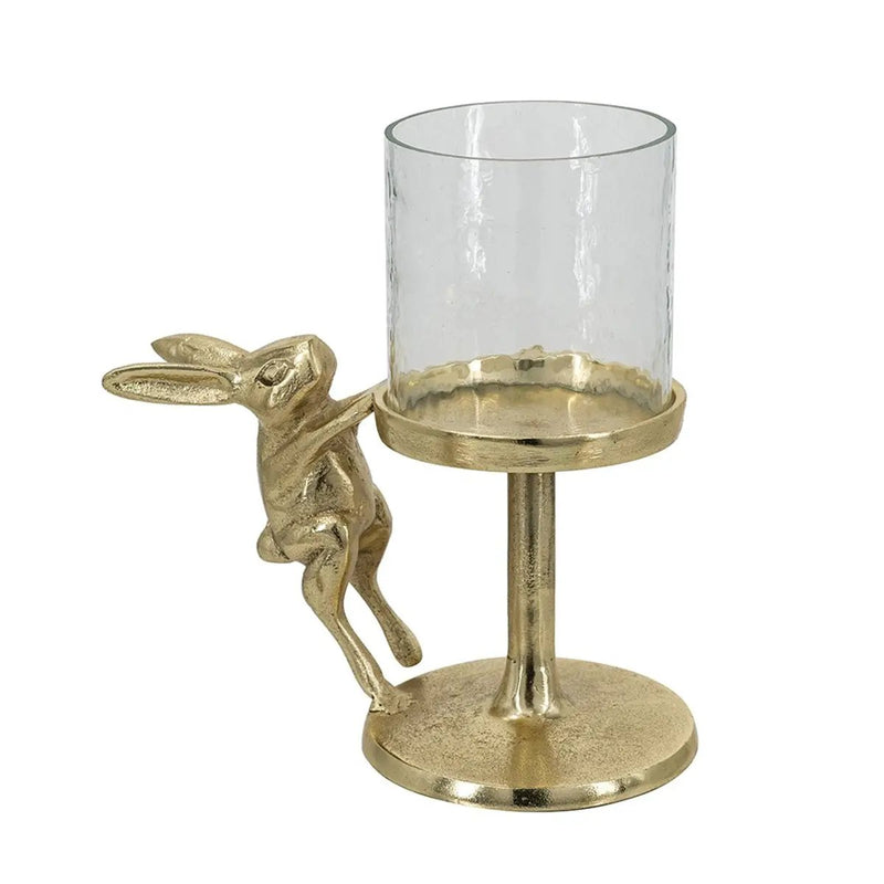 Set of 2 Gold Rabbit Pillar Candle Holders with Clear Glass Hurricane Shade by HouseOfZazla