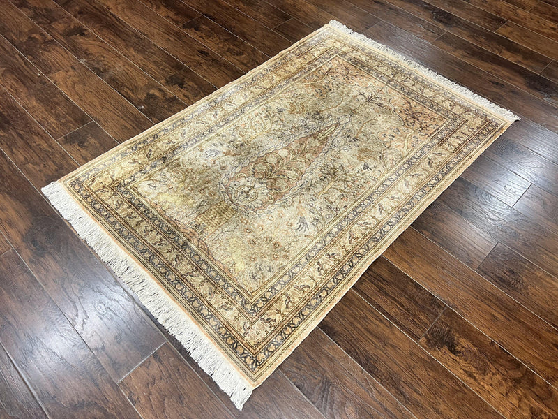 Turkish Kayseri Silk Rug 4x6, Tree of Life Pattern, Vintage Handmade Hand Knotted Carpet, Animal Pictorials, Birds by Jewel Rugs