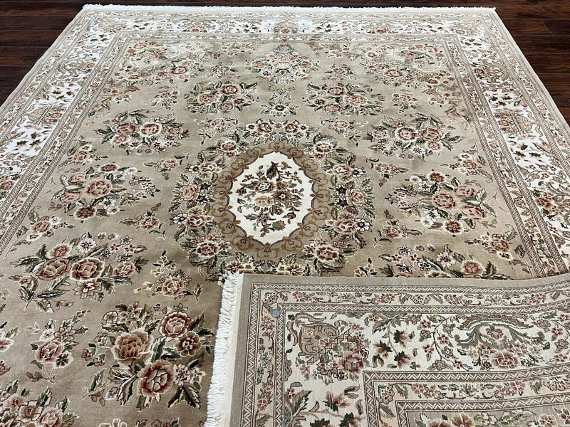Sino Persian Rug 8x10, Soft Wool, Silk Highlights, Hand Knotted Vintage Carpet, Taupe & Ivory, Floral, Traditional Rug 8 x 10 by Jewel Rugs