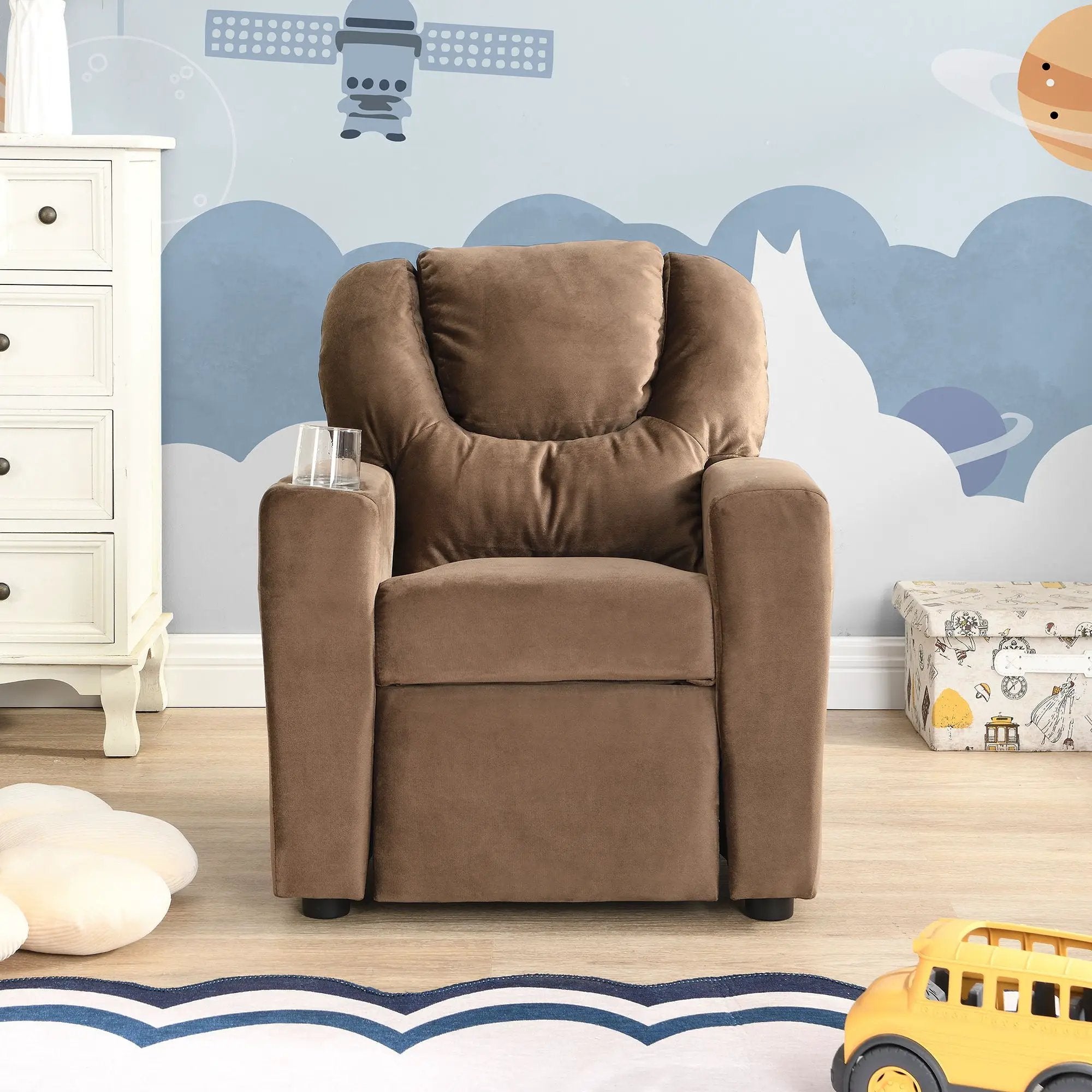 Kids Recliner Chair, Kids Upholstered Couch With Two Cup Holder, Footrest, Backrest, Toddlers Recliner With Headrest And Footrest - Black by Unique Piece Furniture