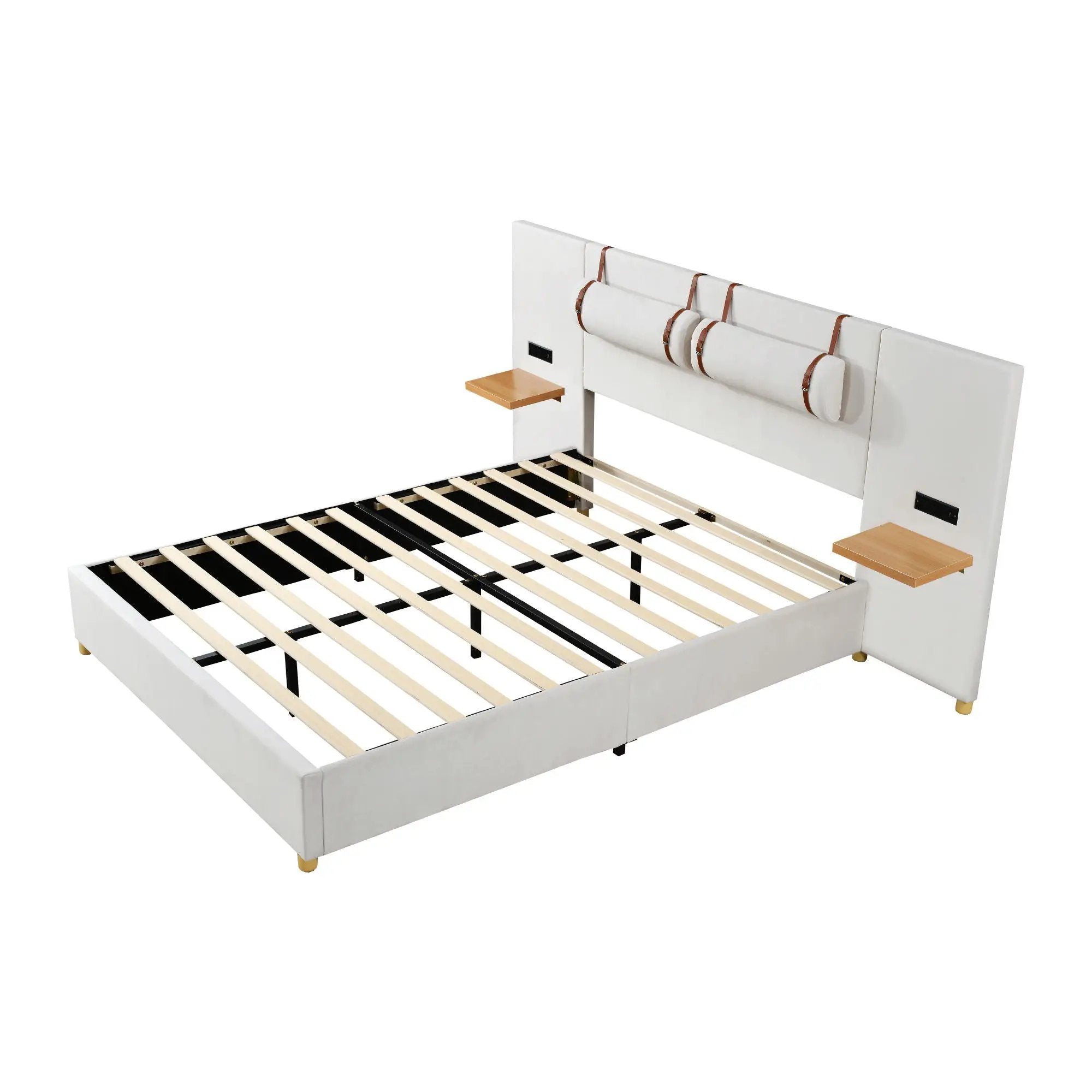 Upholstered Platform Bed, 2 Outlets And USB Charging Ports On Both Sides, 2 Bedside Pillows, Storage Shelves by HouseOfZazla
