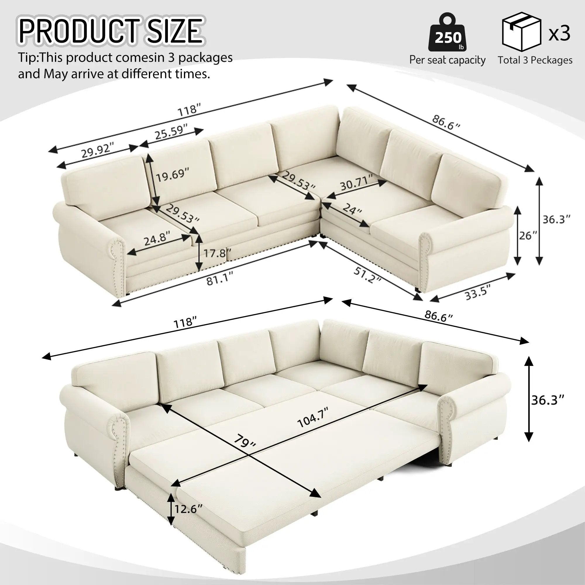 118" L-Shaped Convertible Sofa Bed by HouseOfZazla
