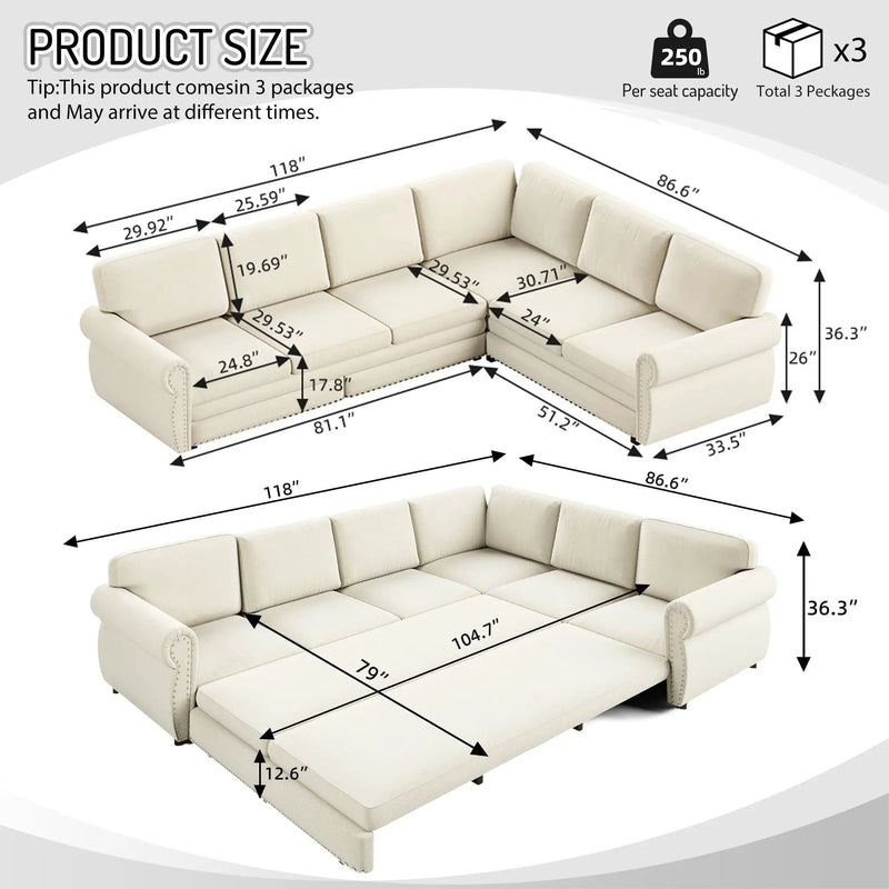 118" L-Shaped Convertible Sofa Bed by HouseOfZazla