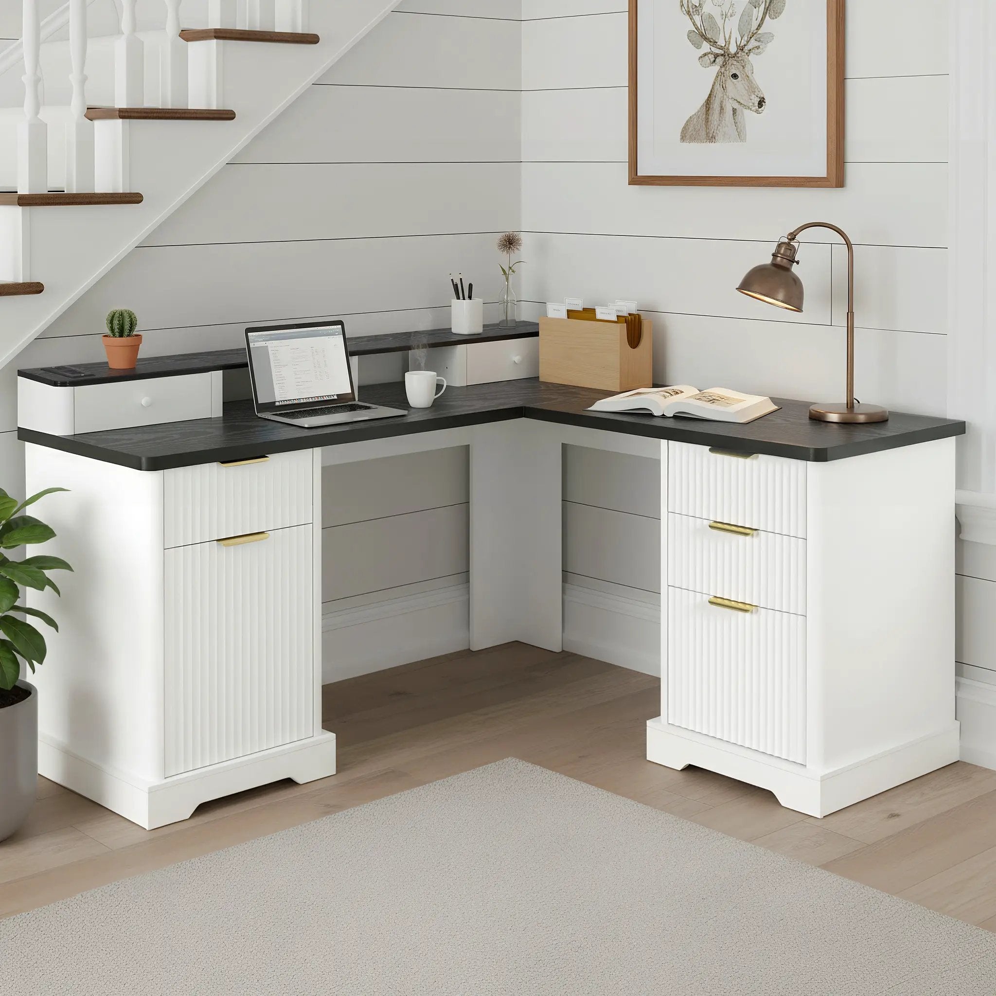 59" Modern Fluted L-Shaped Desk with Charging Station & Storage by HouseOfZazla
