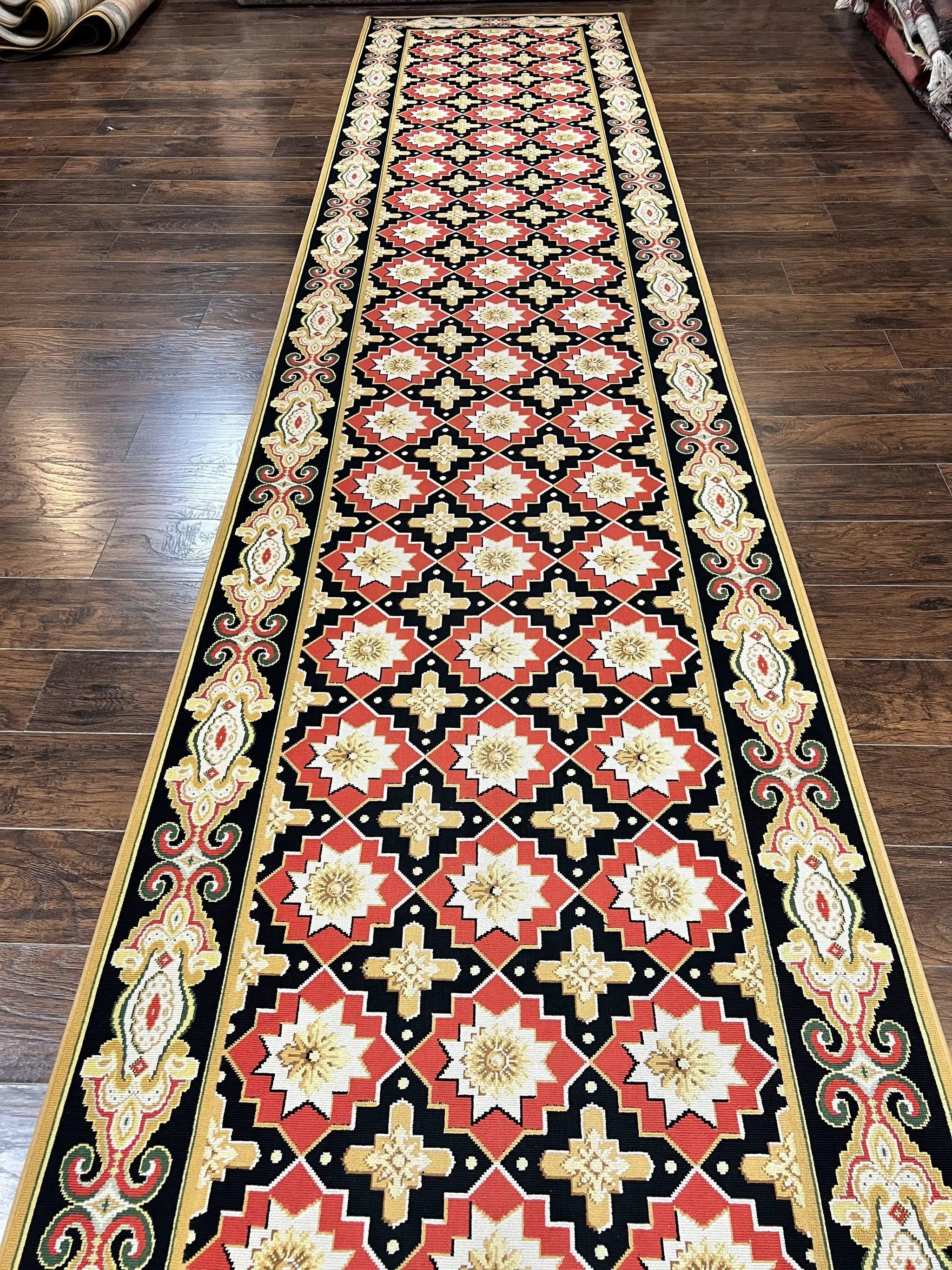 Runner Rug 4x19, Panel Design Rug, Custom Made Stark Runner Carpet, Wool, Vintage 4 x 19 Hallway Rug, European Design, Red Black Ivory Tan by Jewel Rugs