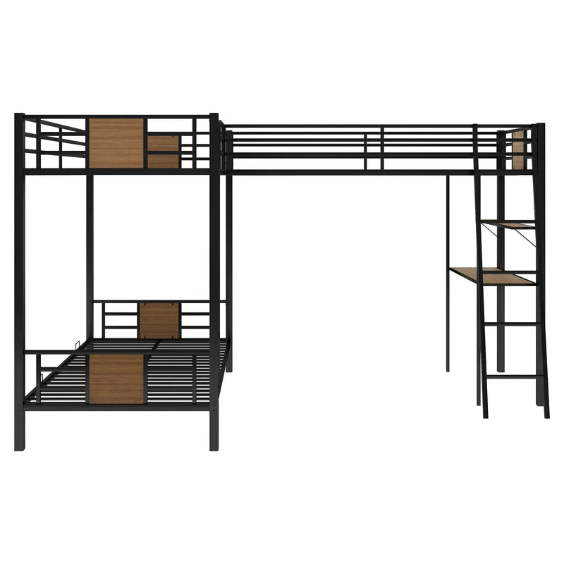 L-Shaped Twin Over Twin Bunk Bed With Twin Size Loft Bed With Desk And Shelf - Brown by Unique Piece Furniture