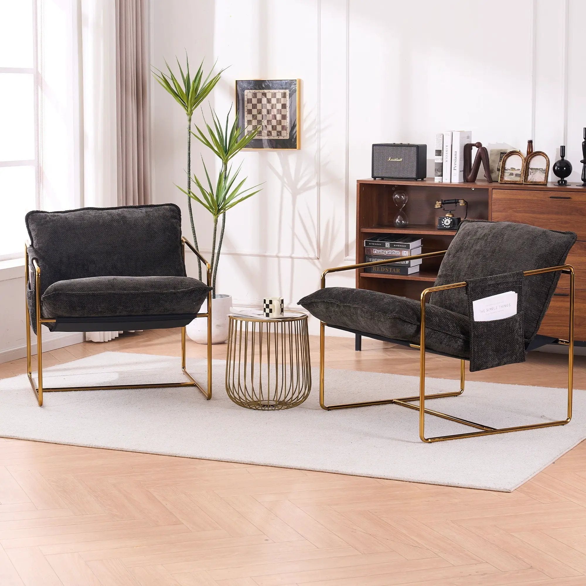 Upholstered Hanging Armchair With Arm Pocketsmetal Frame (Set of 2), Plated Craftsmanship, Crushed Foam Cushions And Skin-Friendly Woven Fabric For Living Room And Bedroom by HouseOfZazla