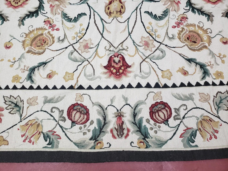 New Needlepoint Rug 9x12, Hand Woven Wool Area Rug, Flatweave Carpet, Handmade Chinese Needlepoint, Floral European Design, Ivory Background by Jewel Rugs