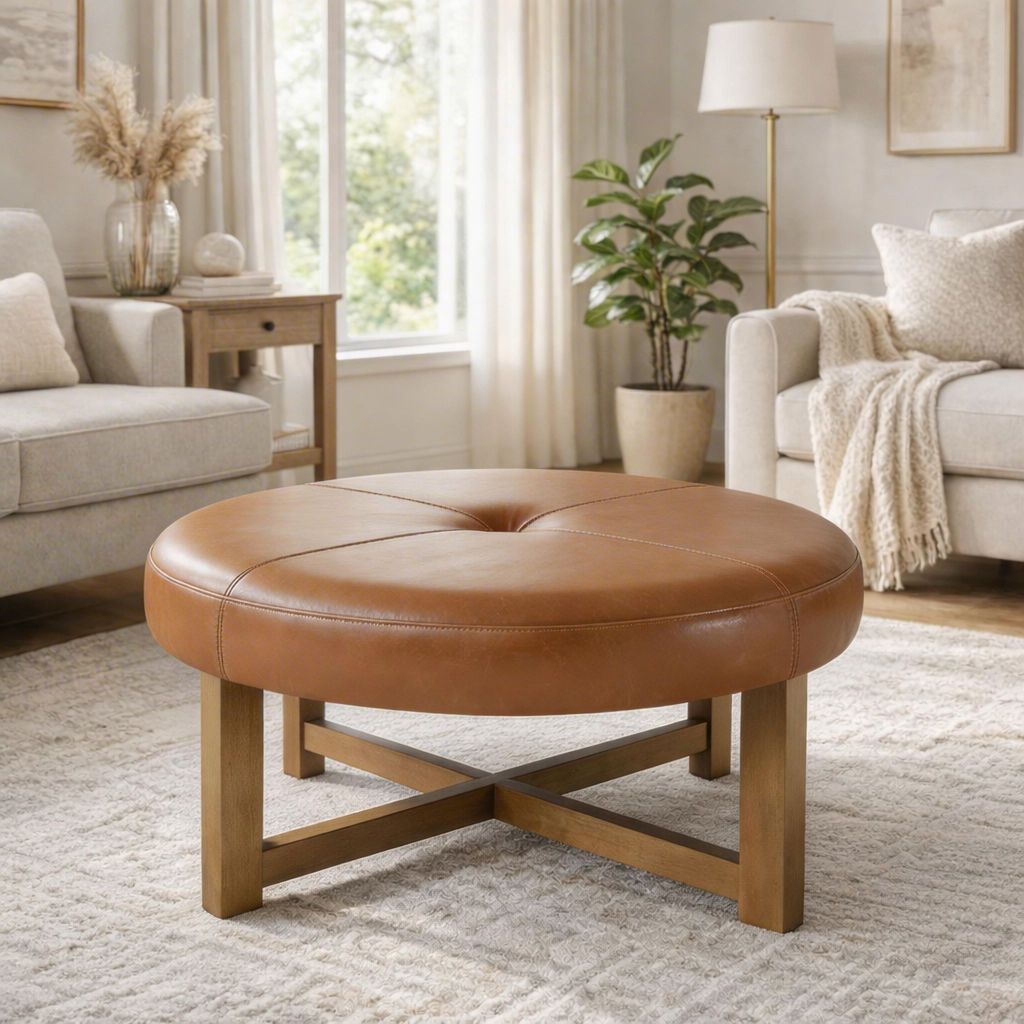 Round Leather Ottoman Coffee Table with Solid Wood Base, photo 2 of 10