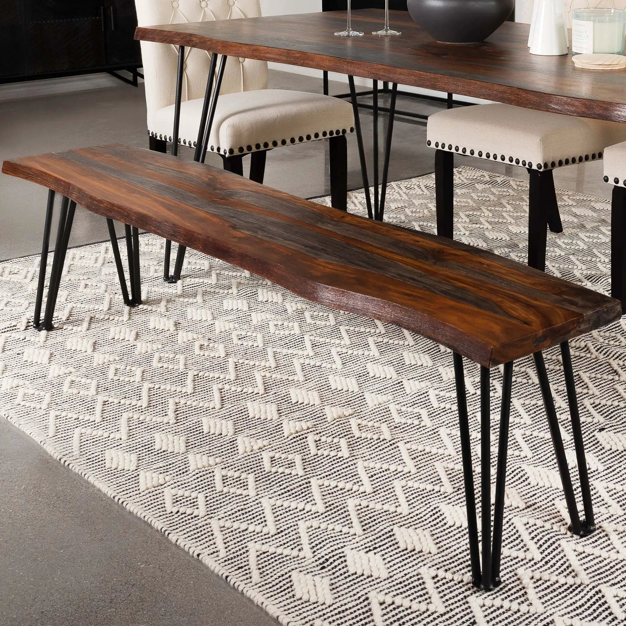 Neve Live Edge Wood Dining Bench Hairpin Legs Grey Sheesham by Unique Piece Furniture