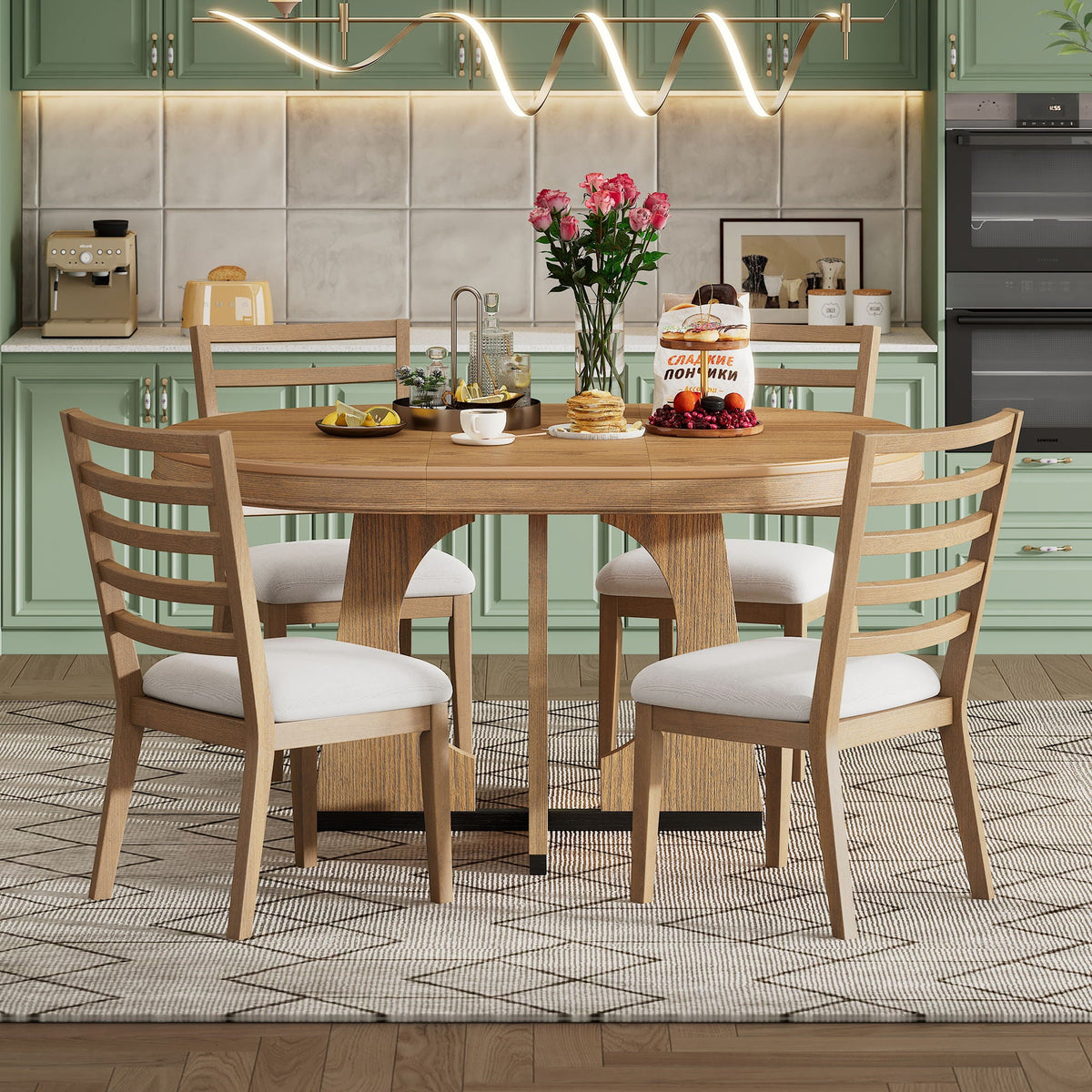 Round Dining Table Set for 4 with Removable Leaf - Light Brown or Dark Brown, photo 39 of 40