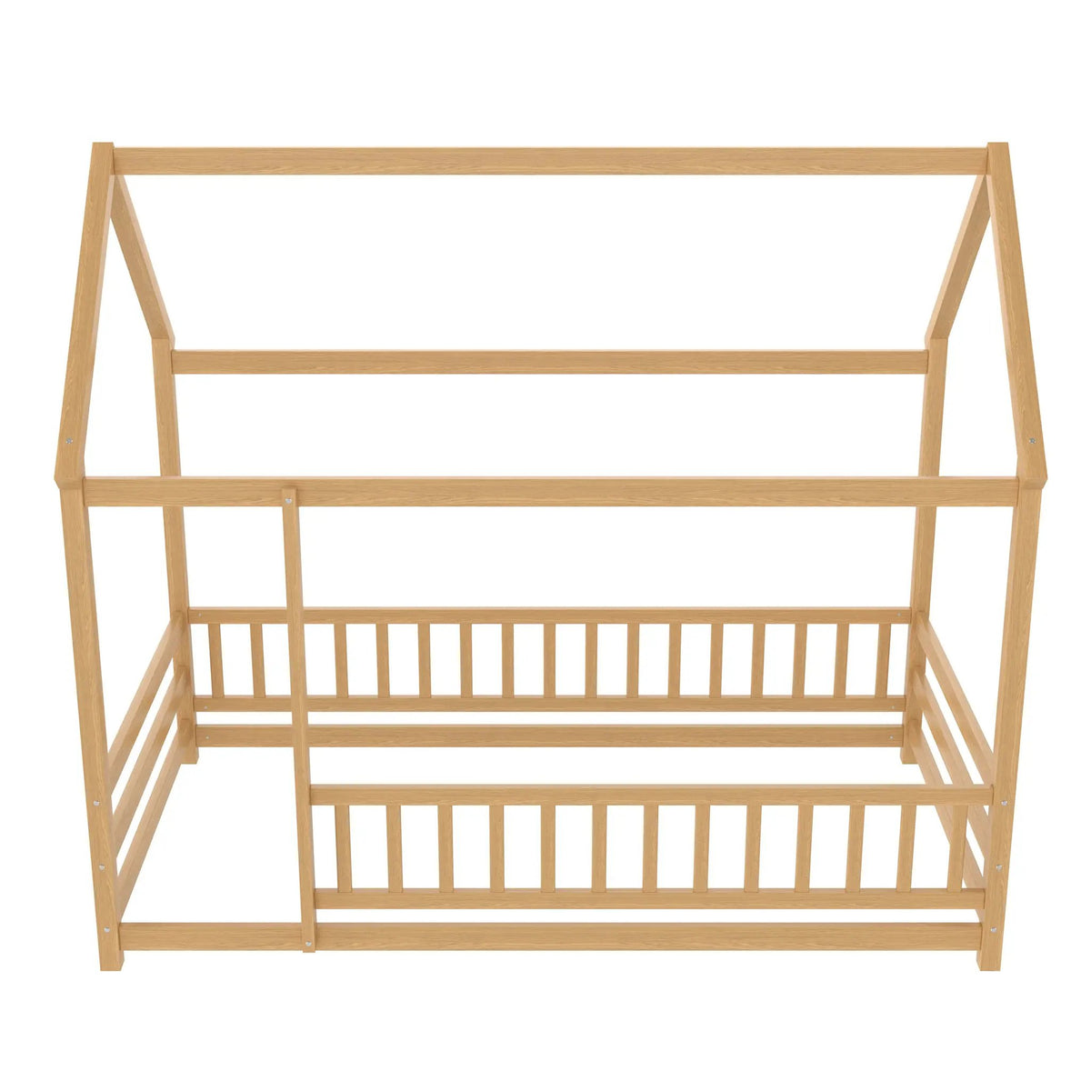 Twin Size Floor Wooden Bed with House Roof Frame, Fence Guardrails by HouseOfZazla