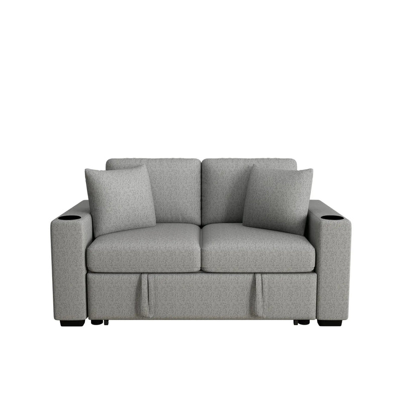 Modern 2 Seater Loveseat Sofa With Pull-Out Bed, Fabric, Built-In USB Ports & Cup Holders by Unique Piece Furniture