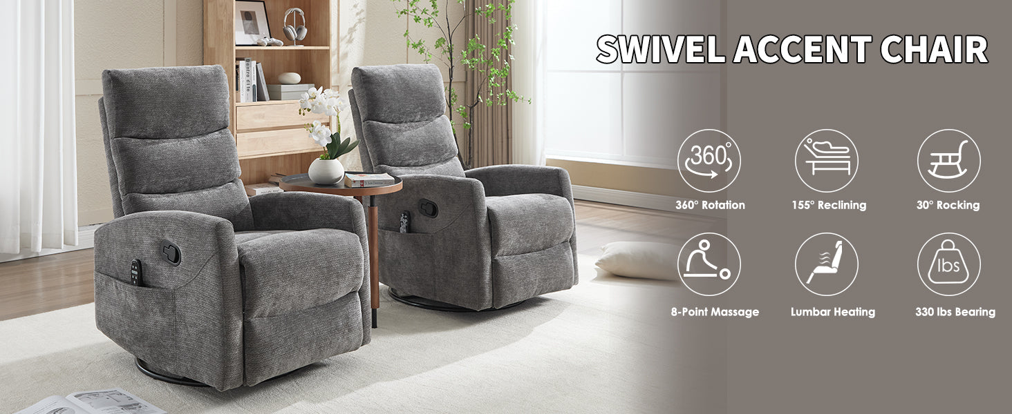 Heat Massage Manual Recliner Chair with Rocker and Swivel in Fabric by HouseOfZazla