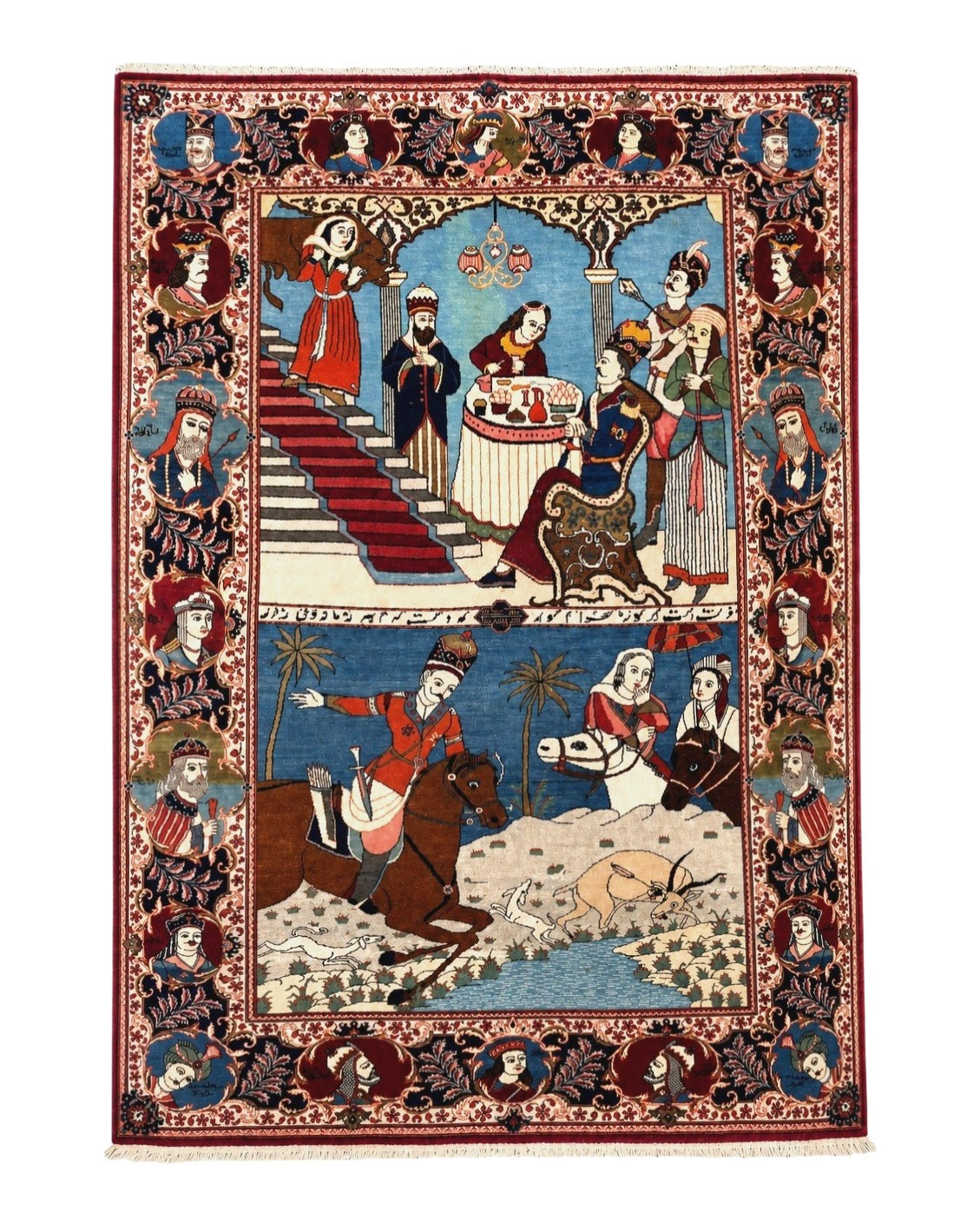 Rare Persian Kashan Pictorial Rug 6x9, King Bahram Hunting Scene, Persian Kings, Hand Knotted Persian Rug for Wall Hanging, Antique, Wool by Jewel Rugs