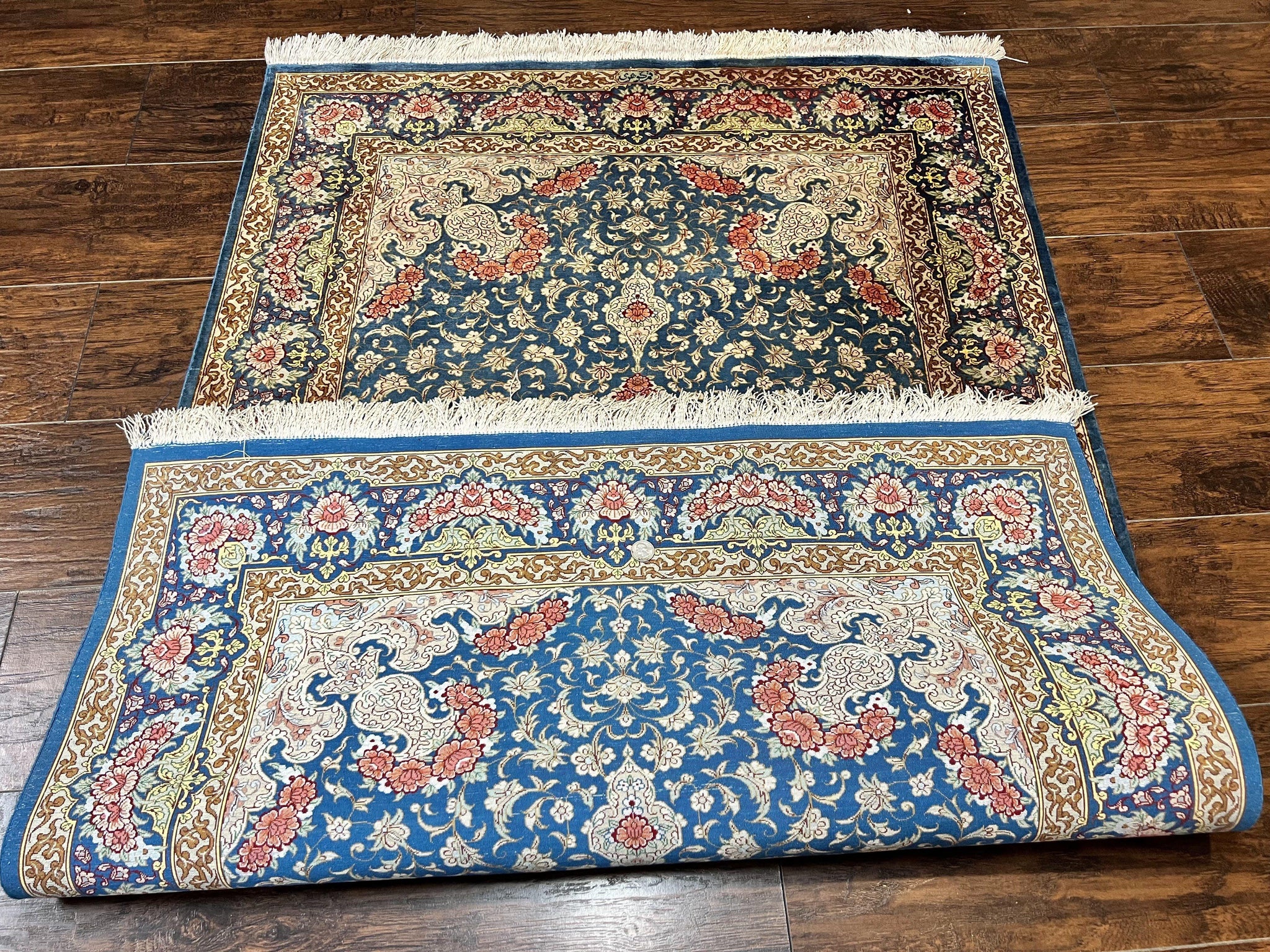 Magnificent Persian Qum Silk Rug 3x5, Blue, Super Fine 675 KPSI - 70 Raj, Floral Roses, Handmade Vintage Silk Carpet, Masterpiece by Jewel Rugs