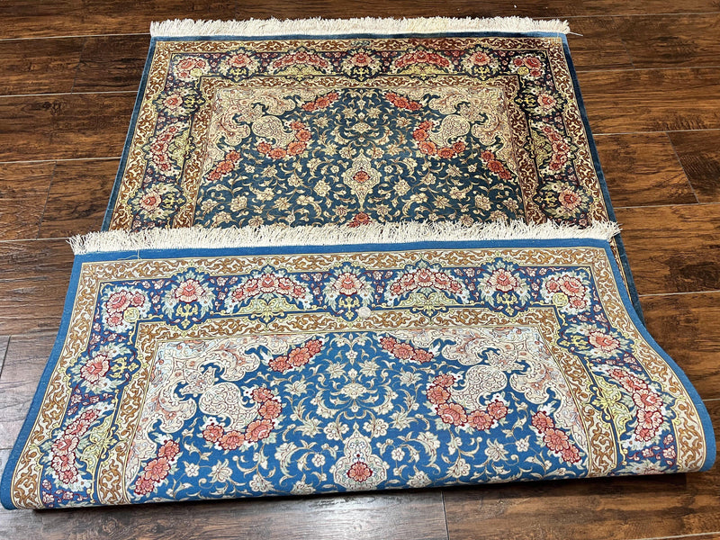 Magnificent Persian Qum Silk Rug 3x5, Blue, Super Fine 675 KPSI - 70 Raj, Floral Roses, Handmade Vintage Silk Carpet, Masterpiece by Jewel Rugs