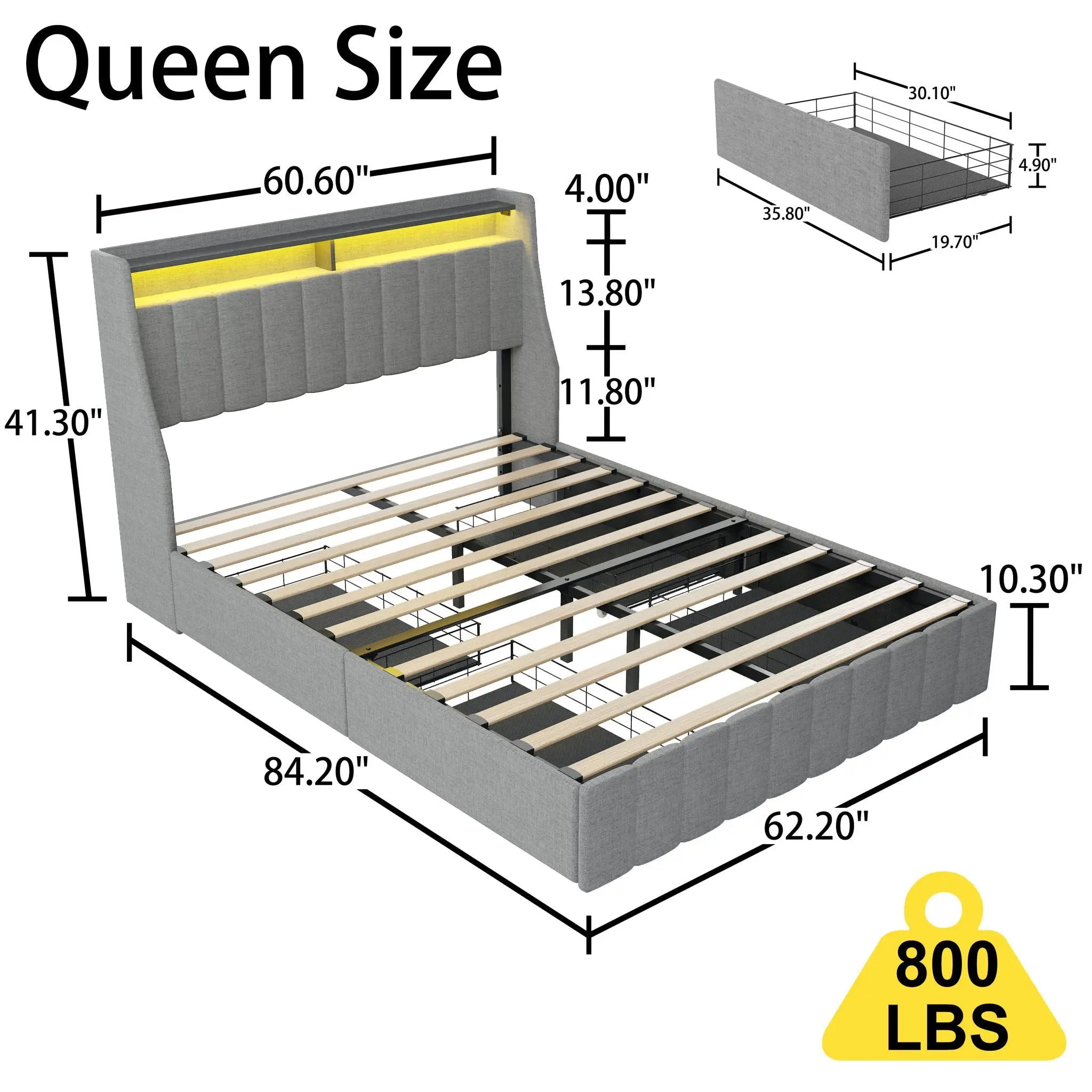 Queen Size Bed Frame With LED Lighting, Winged Headboard With Storage Drawers - Light Gray by HouseOfZazla