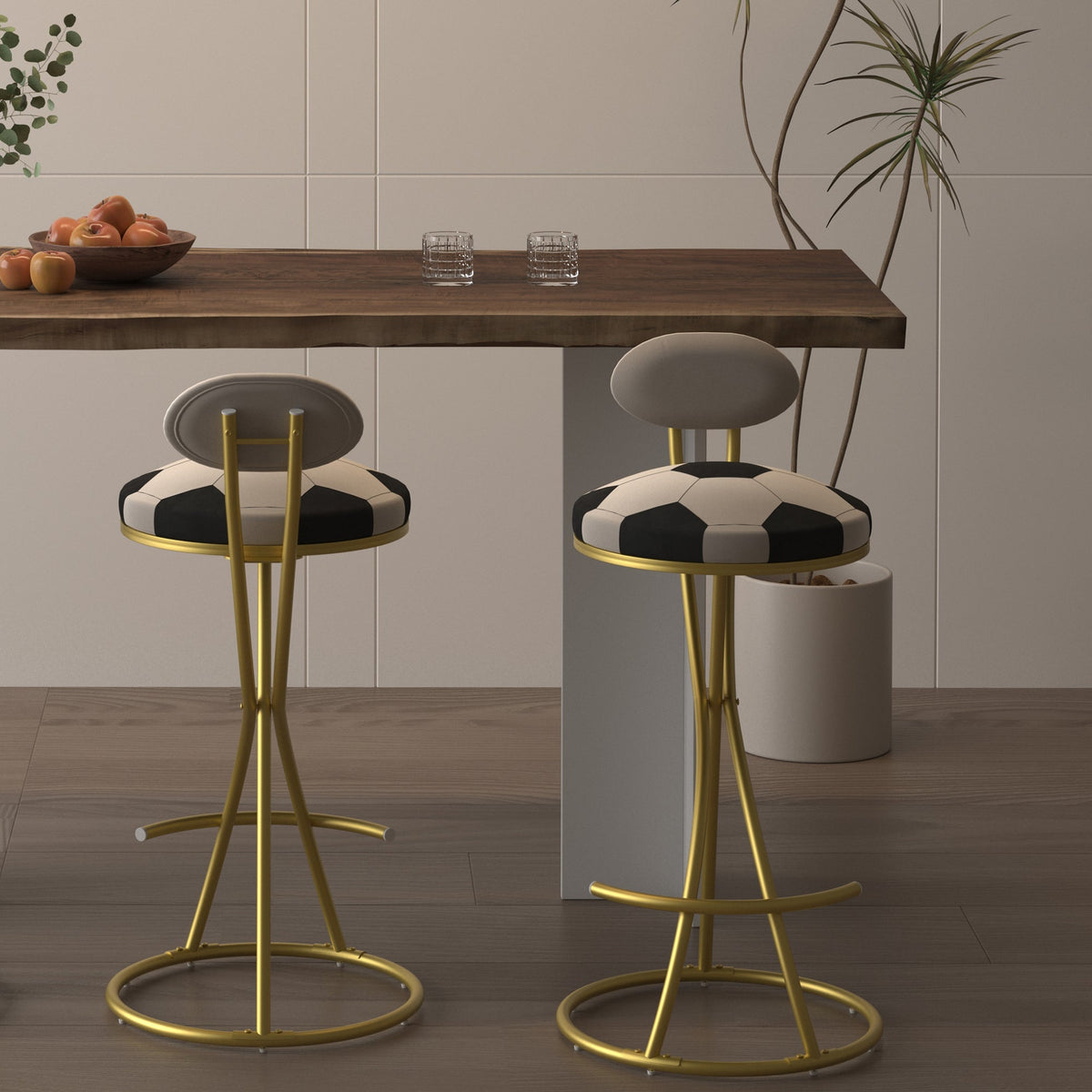 Football Print Bar Stools Set of 2 Upholstered Counter Height Barstool for Kitchen Island S-shaped Velvet Metal Dining Chairs
 (Gold Frame & Creamy, photo 5 of 10