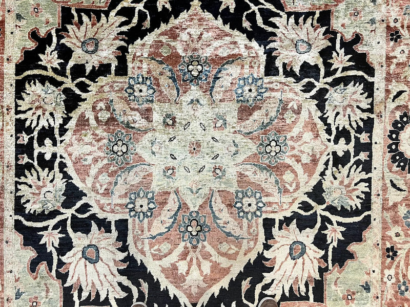Pak Persian Rug 8x10, Pakistani Mahal Sultanabad Carpet, Signature from Master Weaver, Shiny Wool, Black Red Vintage Handmade Medallion Rug by Jewel Rugs