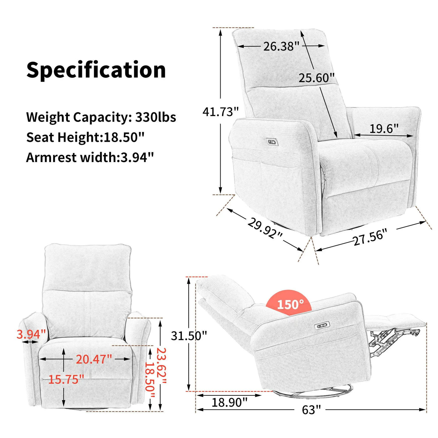 270° Power Swivel Rocker Glider Recliner Chair With USB Ports by Unique Piece Furniture