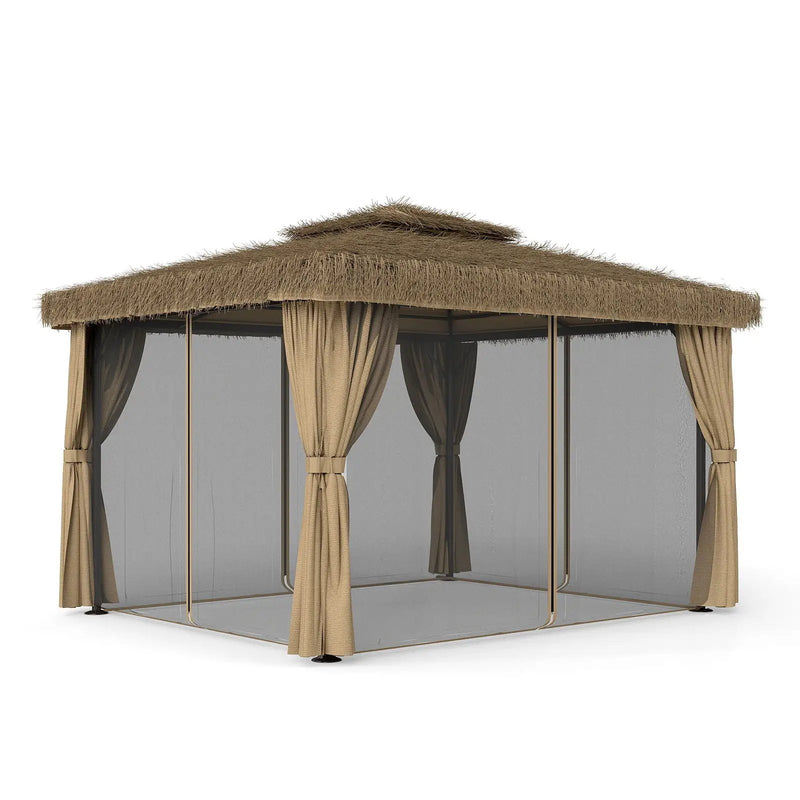 Outdoor Patio Gazebo With Double Canopy, Mosquito Net & Privacy Curtain - Brown by HouseOfZazla