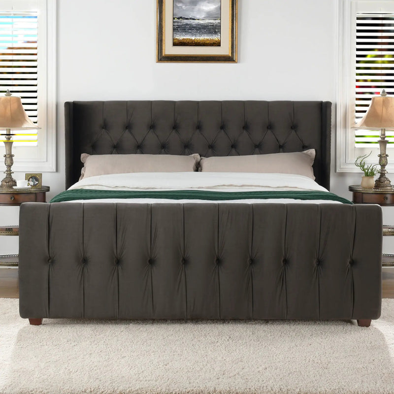 David - King Tufted Wingback Bed - Dark Charcoal Gray by HouseOfZazla