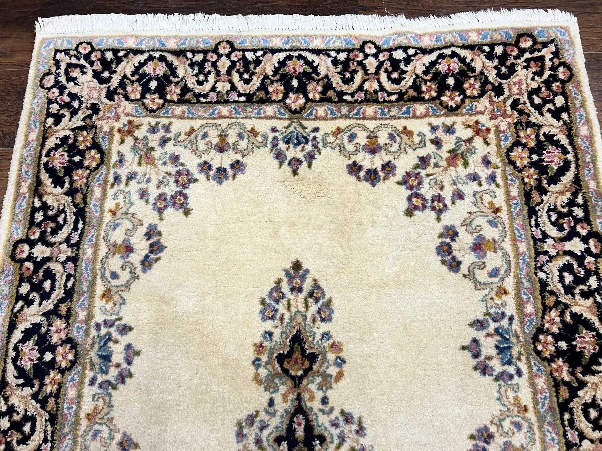 Persian Kirman Rug 4x7, Wool Hand Knotted Antique Carpet, Beige, Semi Open Field Medallion Rug, Traditional Handmade Oriental Rug by Jewel Rugs