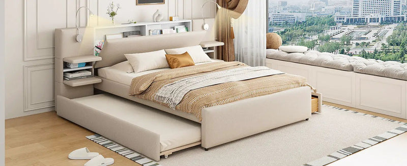 Upholstered Platform Bed With Reading Lights, Drawers, Trundle And Shelves by HouseOfZazla
