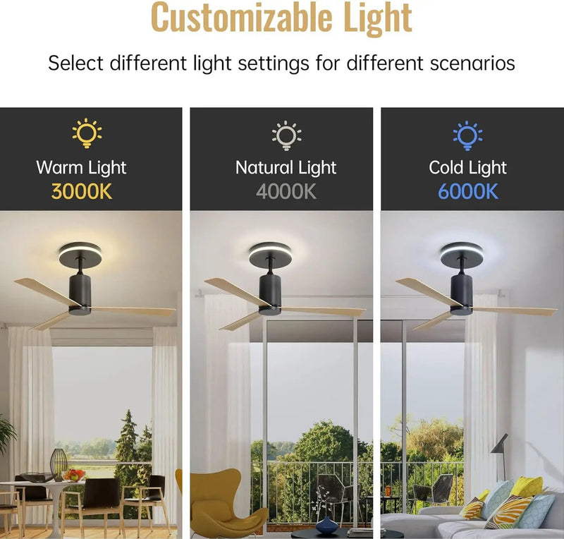 Modern Flush Mount Ceiling Fan With Led Light And Remote Control, 3 ABS Blades Noiseless Reversible Dc Motor For Patio Living Room - Matte Black by HouseOfZazla