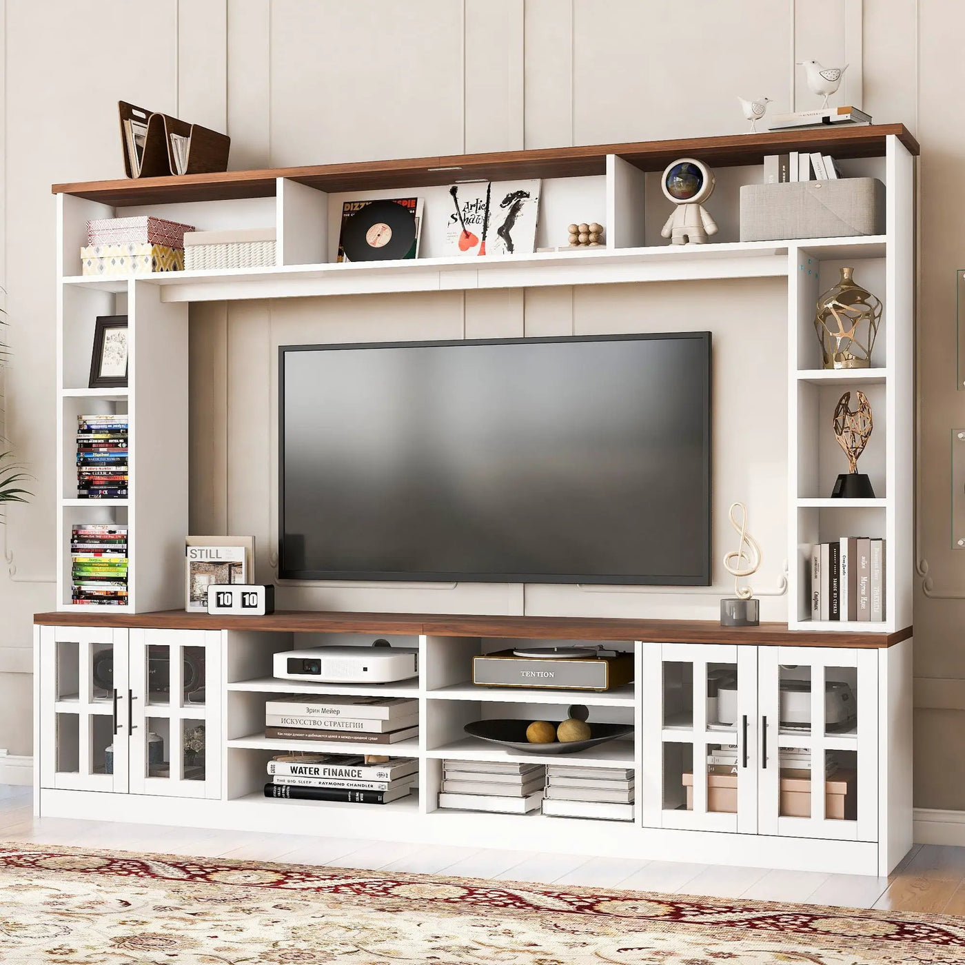 Wall Unit Entertainment Center With Bookshelves For TVs Up To 80", Tempered Glass Doors And Adjustable Shelves by Unique Piece Furniture