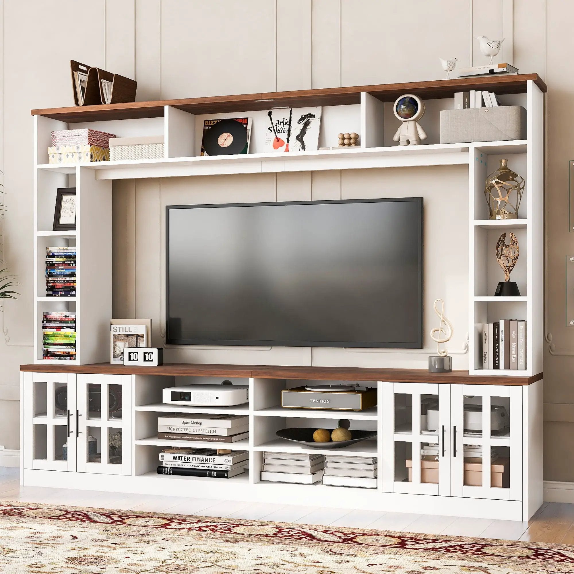 Wall Unit Entertainment Center With Bookshelves For TVs Up To 80", Tempered Glass Doors And Adjustable Shelves by HouseOfZazla