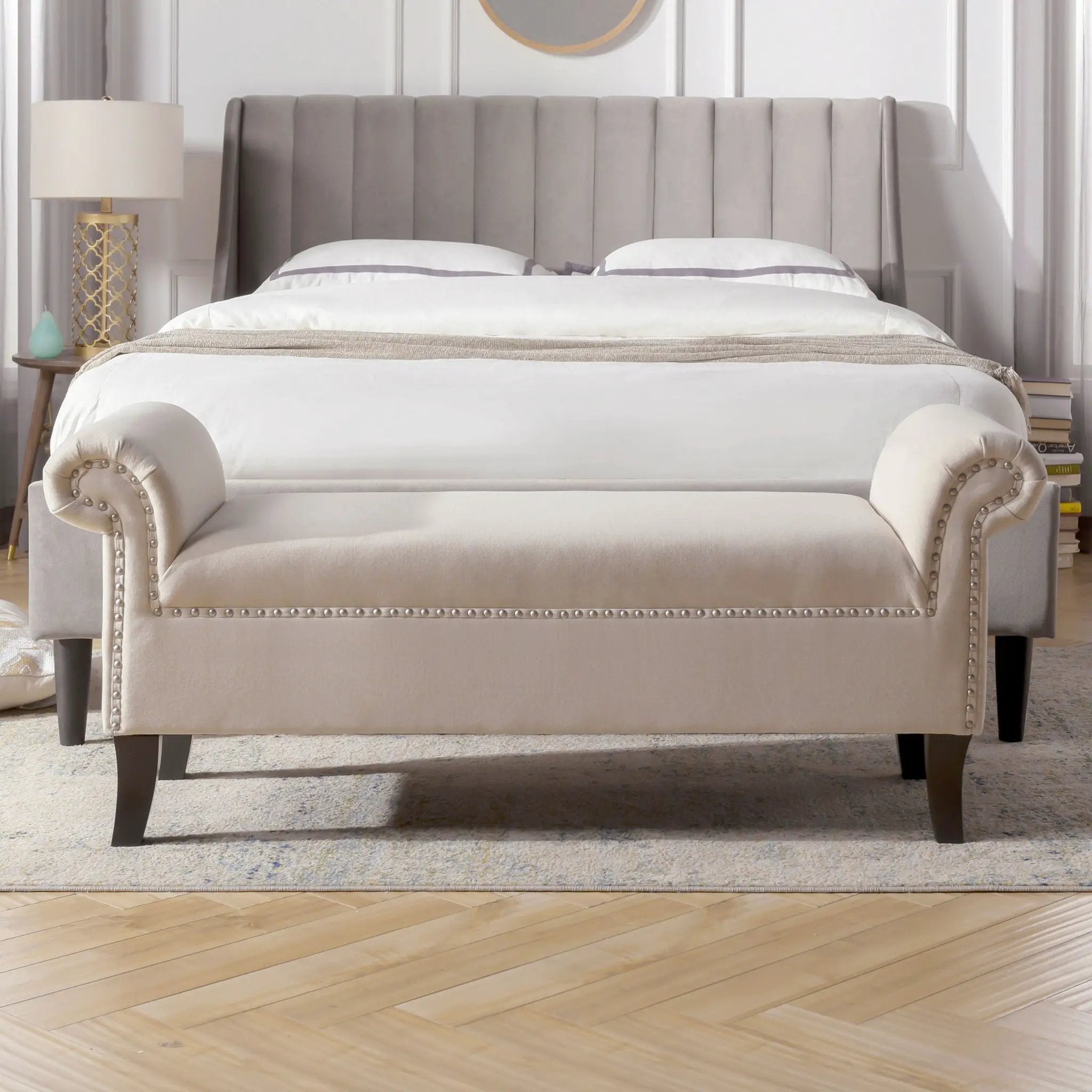 Kathy - Roll Arm Entryway Accent Bench - Sky Neutral Beige by HouseOfZazla
