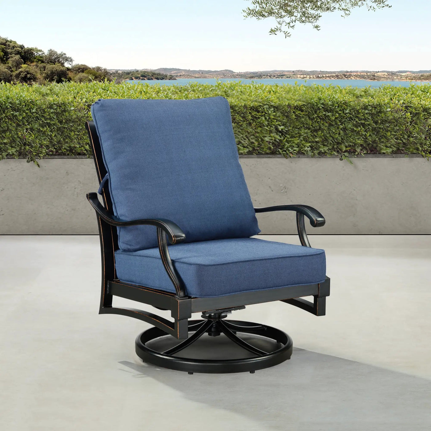 Pair of Black Aluminum Deep Seating Swivel Rocker Club Chairs with Cushions by Sharicks