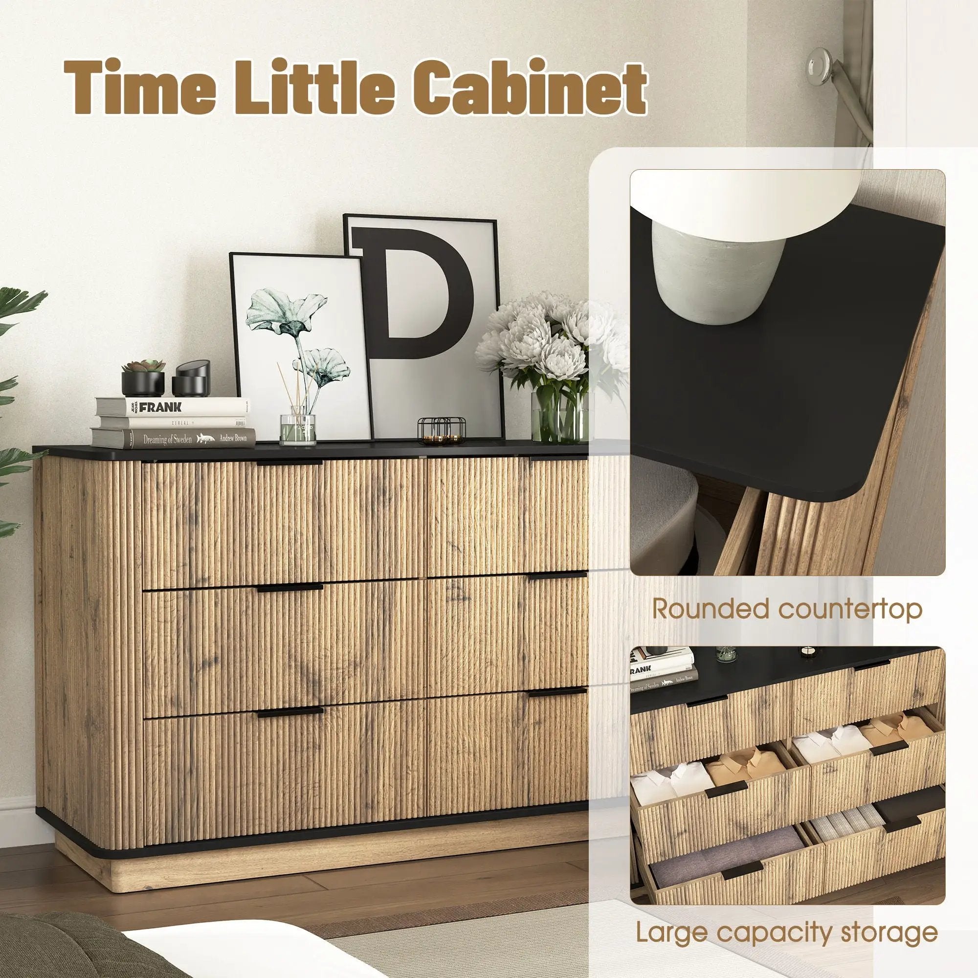 Modern 6 Drawer Cabinet With Metal Rounded Corners And Exquisite Handles Multi Functional Storage - Natural Wood by HouseOfZazla