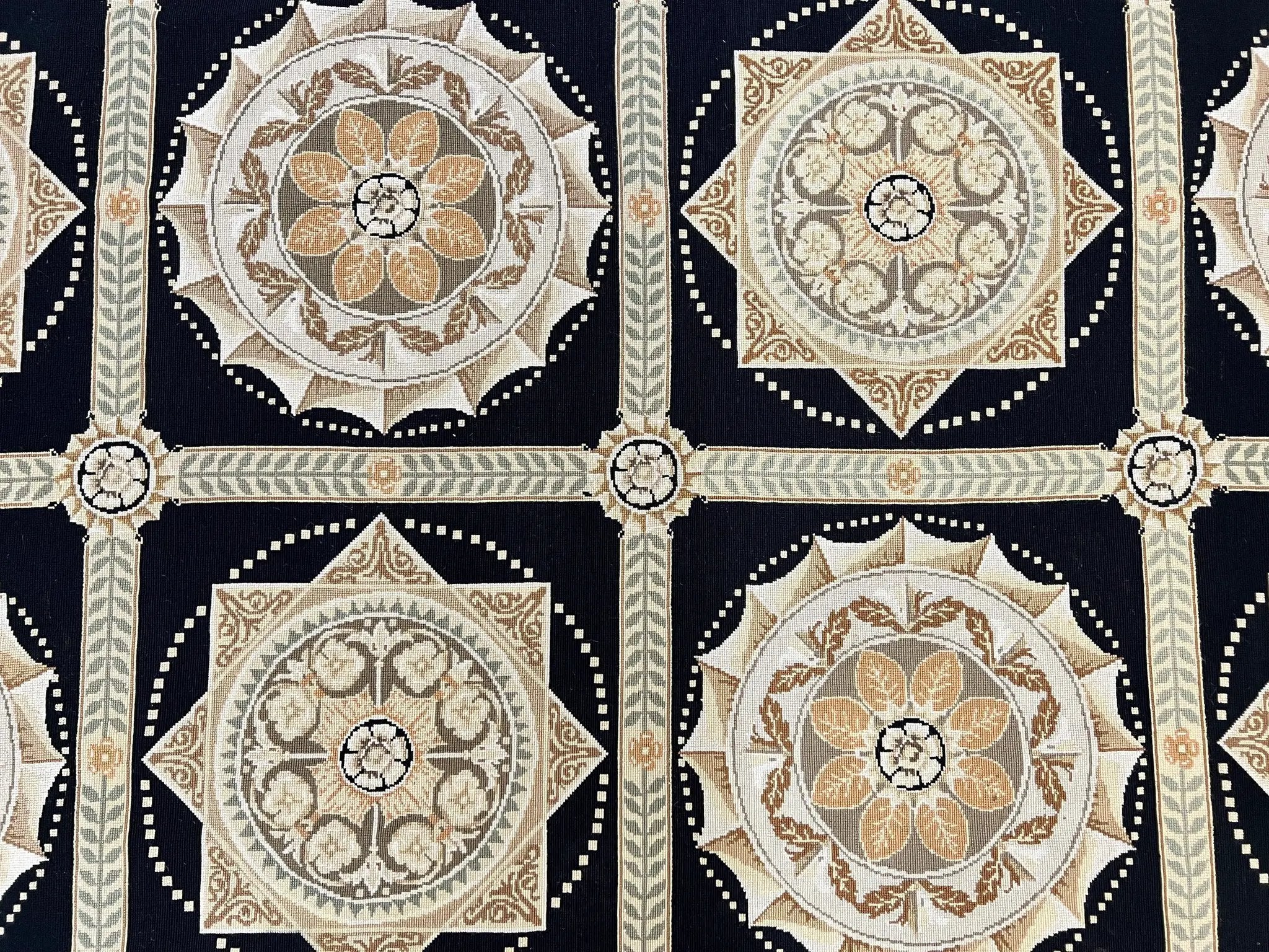 Needlepoint Rug 8x10, Black Tan Beige, Panel Design, Wool Handwoven Handmade Flatweave Needlepoint Carpet, Vintage French European Rug by Jewel Rugs