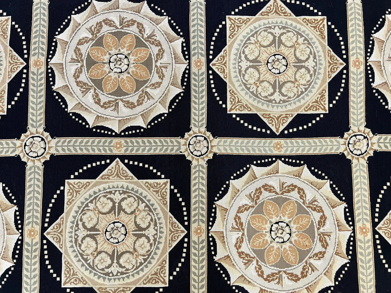 Needlepoint Rug 8x10, Black Tan Beige, Panel Design, Wool Handwoven Handmade Flatweave Needlepoint Carpet, Vintage French European Rug by Jewel Rugs