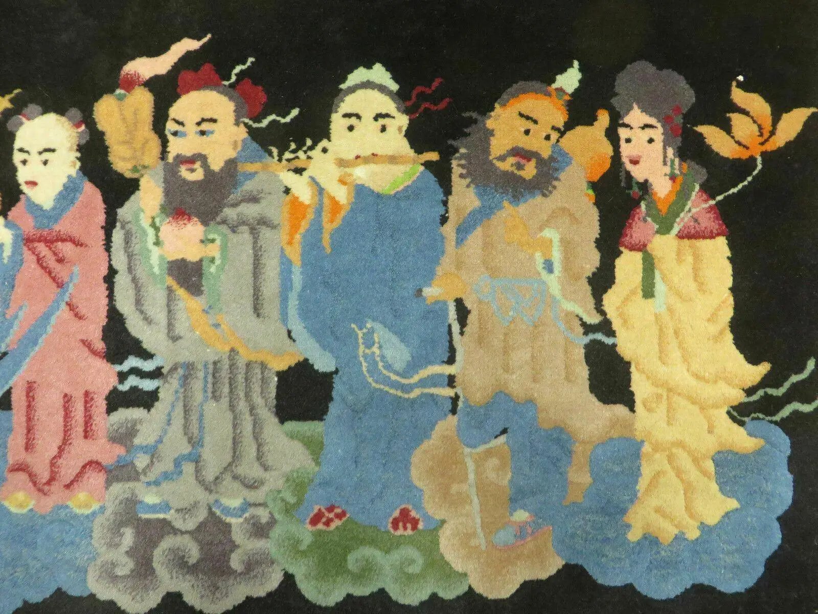 Chinese Wool Pictorial Rug 3x6 Counsel of Wise Elders Philosophers, Vintage Hand Knotted Black Chinese Carpet, Swan, Clouds Confucius, Rare by Jewel Rugs