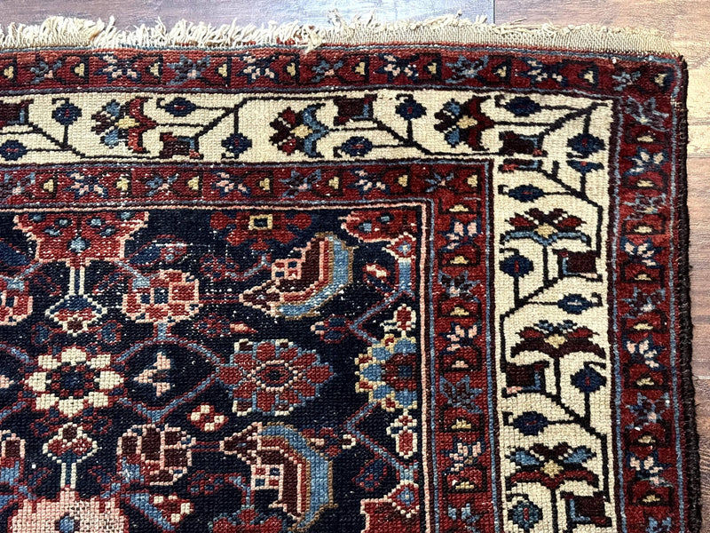 Navy Blue Antique Persian Rug 3x6, Blue and Ivory Persian Carpet, Handmade 1920s Hamadan Rug by Jewel Rugs