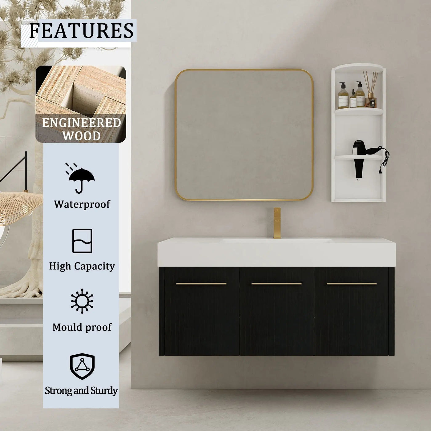 Modern Wall Mounted Bathroom Vanity with Resin Sink and Storage Rack by HouseOfZazla